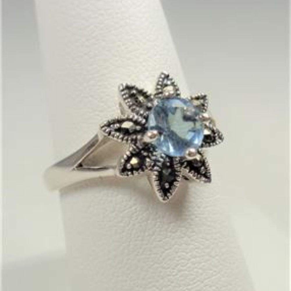 SILVER AQUA & MARCASITE STONES ISLAND FLOWER RING - Picture 6 of 7